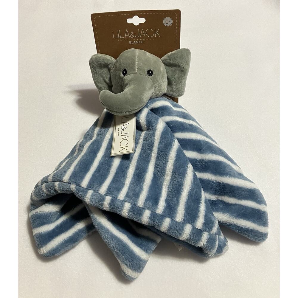 Lila & Jack Gray Elephant Head Lovey Baby Security Blanket Sewn Eyes Blue White